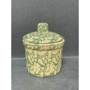 Vintage Roseville Green Sponge Painted 1pt Low Crock with Lid